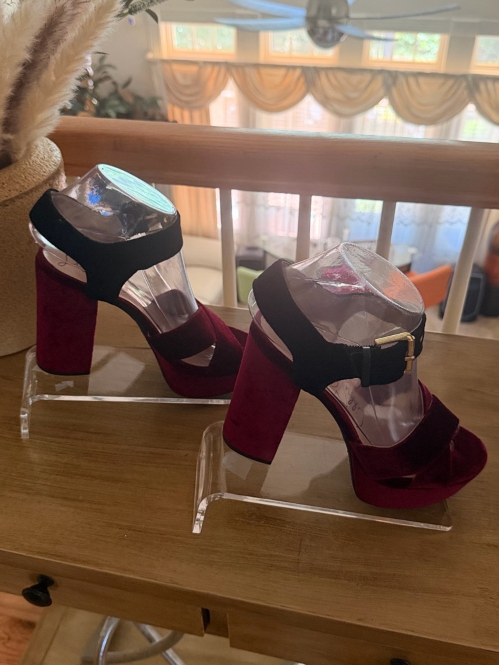 Libby. edelman Burgundy and Black Velvet Platform Block Heel Sandals - Picture 6 of 16